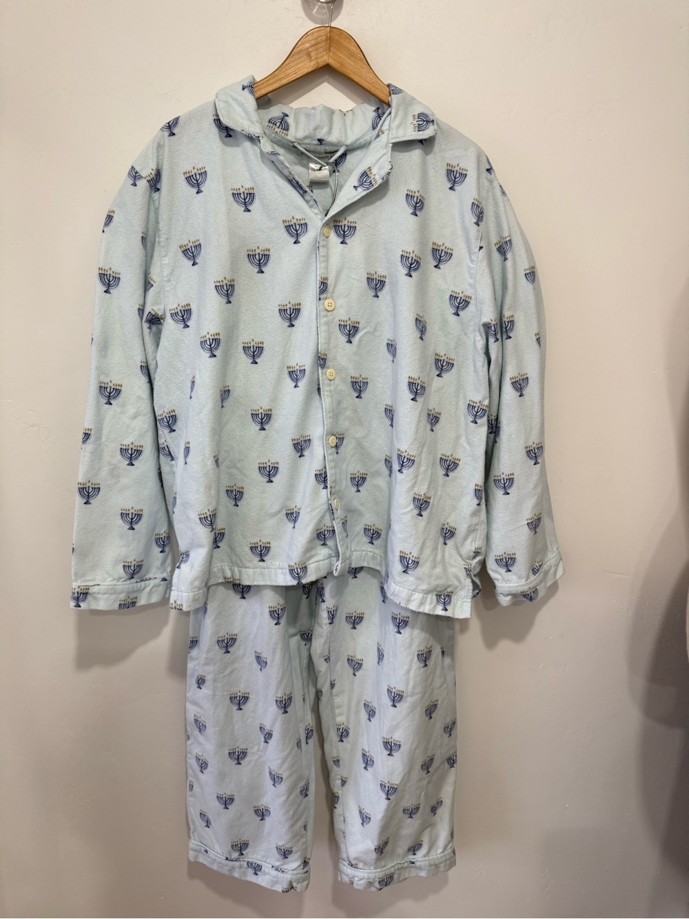 Pottery Barn Kids Adult Flannel Light Blue Menorah Print Pajama Set- XL
